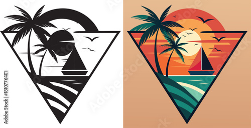 Vibrant tropical sunset scene with palm trees, sailboat, and serene ocean waves creates a perfect vacation vibe