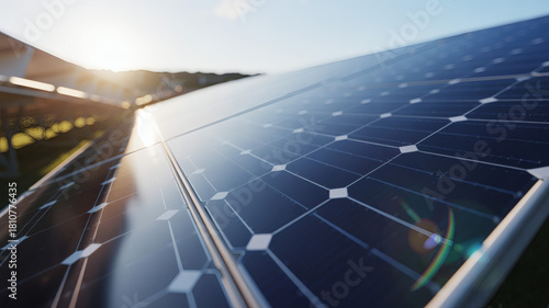 Close-up View of Solar Panels at Sunset, Harnessing Renewable Energy for a Sustainable Future