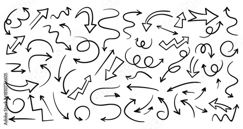 Arrow vector line set. Charcoal hand drawn pencil arrows. Doodle curved chalk darts. brush sketch arrow line curve up, down shape chalk texture element set. Abstract grunge scribble chalk crayon styl