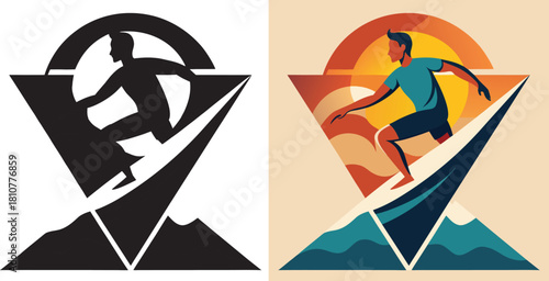 Dynamic surfer carving a wave under a vibrant sunset, embodying adventure and the thrill of extreme sports in a stylized abstract design