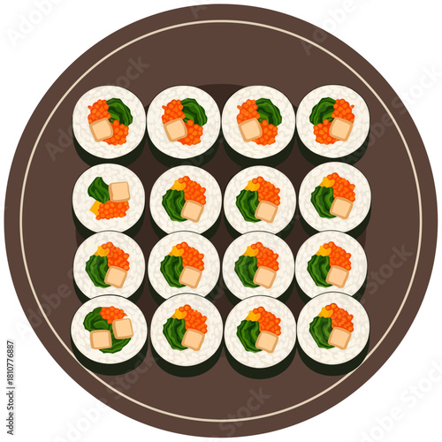 A top-down vector illustration displays a round brown platter holding sixteen uniform maki sushi rolls, each filled with vibrant orange roe, green vegetables, and tamago wrapped in white rice