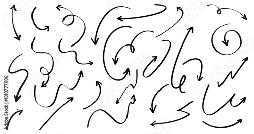  Arrow vector line set. Charcoal hand drawn pencil arrows. Doodle curved chalk darts. brush sketch arrow line curve up, down shape chalk texture element set. Abstract grunge scribble chalk crayon styl