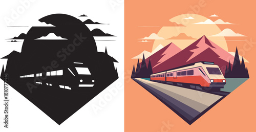 Vibrant train travels through majestic mountains during a colorful sunset, evoking adventure and scenic journeys.