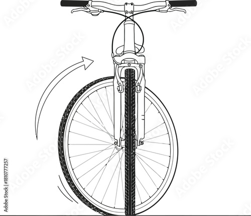 Illustration of a bicycle wheel turning with an arrow indicating the direction, isolated on white background