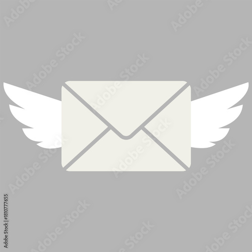 Flat design vector illustration of a white envelope with attached white wings, symbolizing fast email delivery, quick communication, urgent message, efficient post service, and swift correspondence.