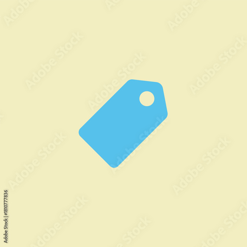Simple light blue vector icon of a blank price tag or label with a hole for string, symbolizing shopping, discounts, sale events, e-commerce, and retail marketing on a beige background.