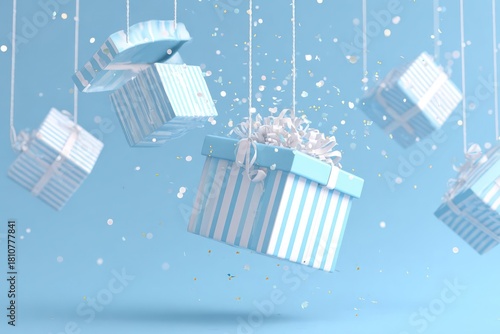 Blue gift boxes falling, 3D render holiday present packages with ribbon, festive winter sale promotion background