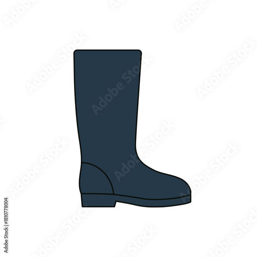 Simple flat design vector illustration of a single tall navy blue rubber boot, symbolizing rain protection, gardening, foul weather, construction safety, and outdoor footwear.