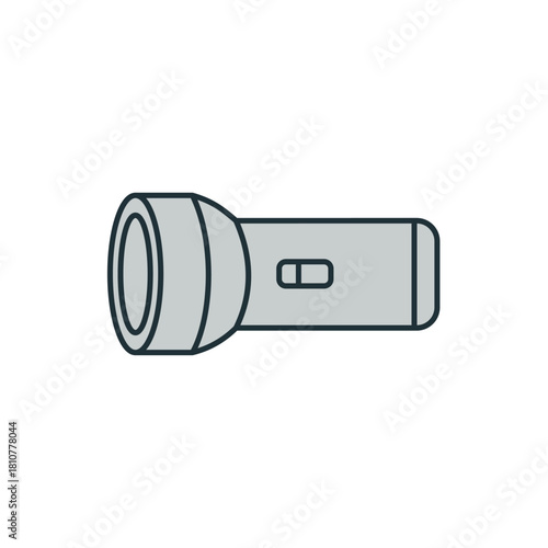 Simple flat design vector illustration of a grey cylindrical handheld flashlight, symbolizing emergency equipment, light source, camping, safety, and power outage preparedness on a white background.
