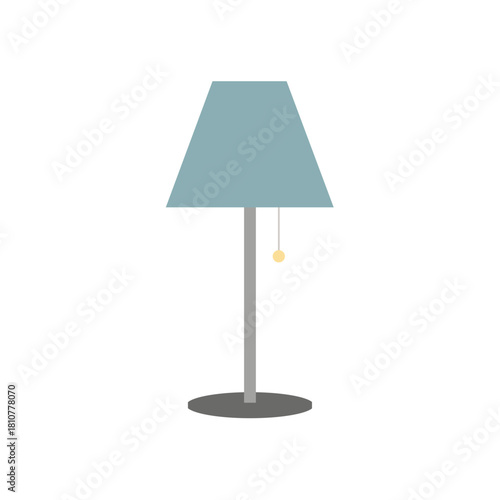 Minimalist flat design vector illustration of a modern table lamp with a soft blue trapezoid shade and pull chain, symbolizing home lighting, interior decoration, and comfortable ambiance