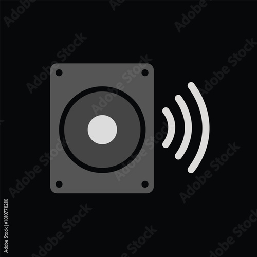 Flat design vector illustration of an audio speaker with sound waves emanating, symbolizing music, loud volume, audio technology, public announcement, and media broadcasting on a black background.