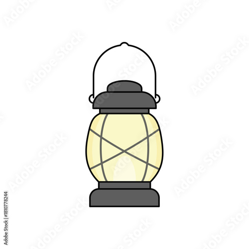 Classic flat design vector illustration of an antique glowing oil or kerosene lantern, symbolizing camping, adventure, old-fashioned lighting, exploration, and emergency light source.