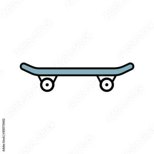 Simple flat design vector illustration of a modern skateboard with blue deck and black wheels, symbolizing youth culture, street sports, recreation, urban mobility, and fun outdoor activities.