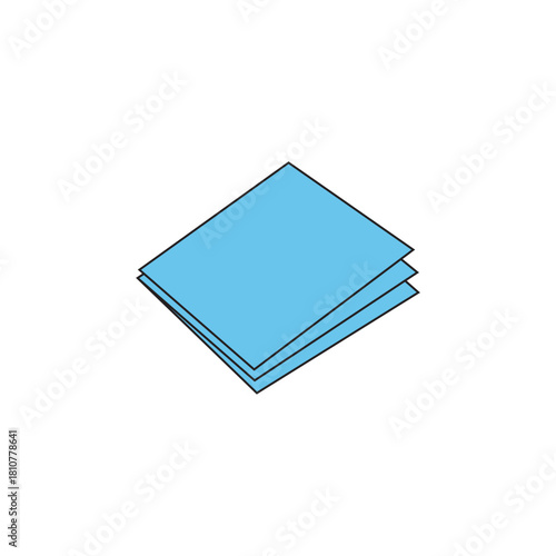 Simple isometric flat design vector icon depicting a stack of three light blue square papers or documents, symbolizing files, paperwork, office work, organization, and information storage.