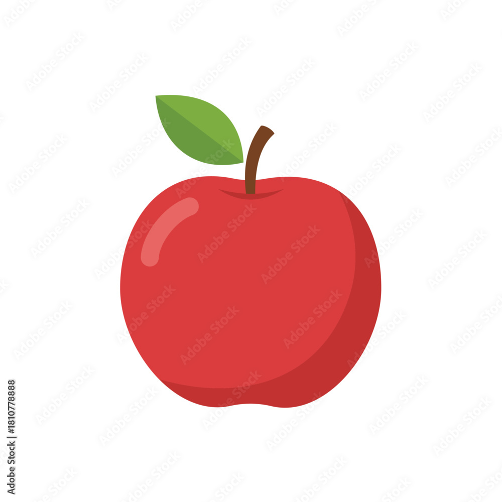 Fototapeta premium Vibrant flat design vector illustration of a perfectly ripe red apple with a stem and green leaf, symbolizing health, fresh fruit, organic food, diet, and nutrition on a white background.