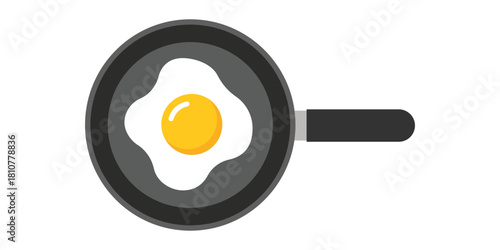 Top-down flat design vector illustration of a sunny-side up fried egg cooking in a black non-stick frying pan, symbolizing breakfast, protein, cooking, and simple kitchen food preparation.