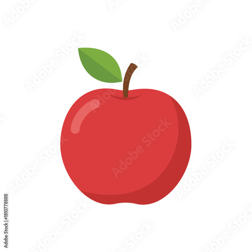 Vibrant flat design vector illustration of a perfectly ripe red apple with a stem and green leaf, symbolizing health, fresh fruit, organic food, diet, and nutrition on a white background.