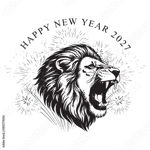 Happy New Year 2027 Roaring Lion Head Vector Illustration in Black and White Engraving Style