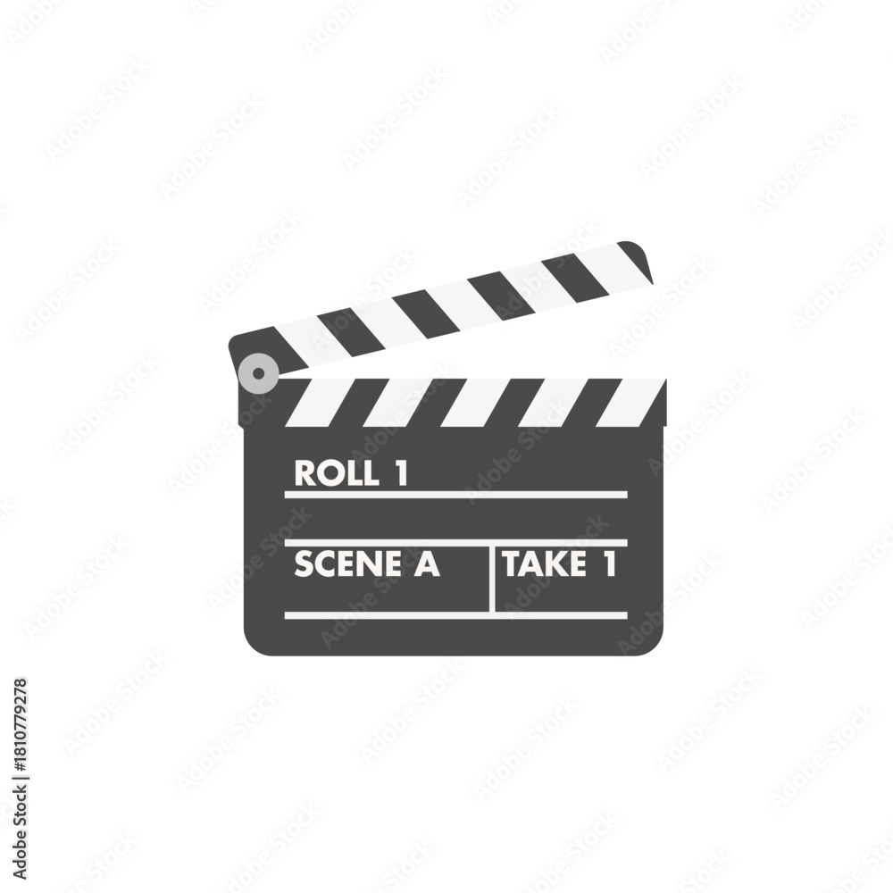 Fototapeta premium Monochromatic flat design vector illustration of a classic movie clapperboard or film slate, symbolizing video production, cinema, filmmaking, Hollywood, and starting action or recording a scene.