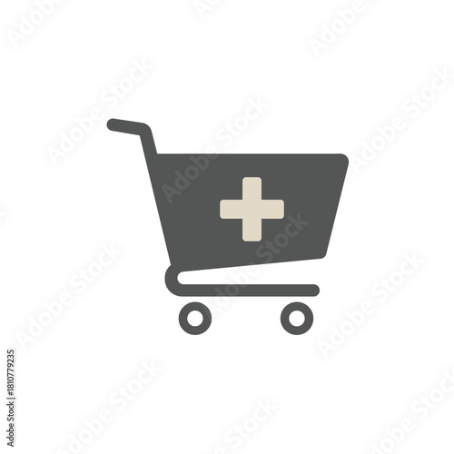 Simple flat design vector icon of a dark grey shopping cart featuring a medical cross symbol, representing pharmacy purchases, online drugstores, healthcare retail, and medical supply shopping service