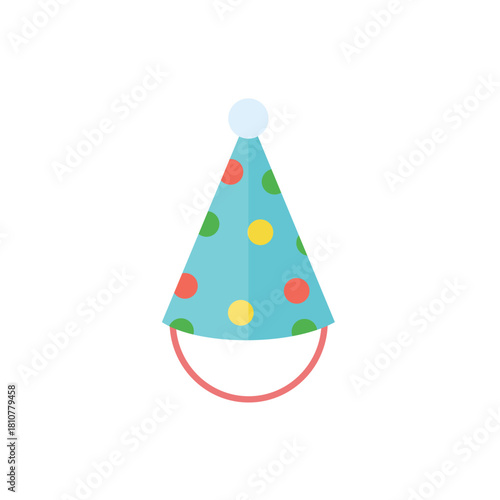 Colorful flat design vector illustration of a conical party hat adorned with multicolored polka dots and a pompom, symbolizing birthdays, celebration, fun, festivity, and special events.