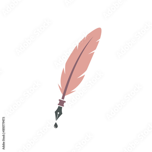 Elegant flat design vector illustration of a vintage feather quill pen with a dark nib dripping ink, symbolizing writing, literature, poetry, old documents, and creative storytelling on a white backgr
