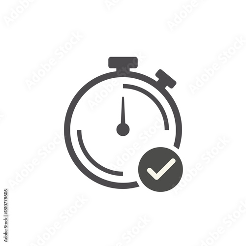 Monochromatic dark grey silhouette vector icon of a stopwatch with a checkmark, symbolizing quick service, successful completion, time tracking, efficiency, and speed measurement on a white background
