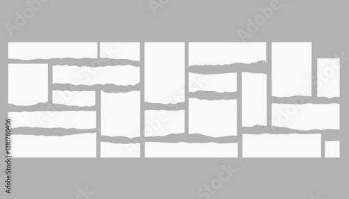 Collection of various torn pieces of white paper isolated on gray background
