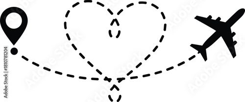 Airplane flying on a heart shaped dotted route, vector illustration of romantic travel, honeymoon trip, and destination love.