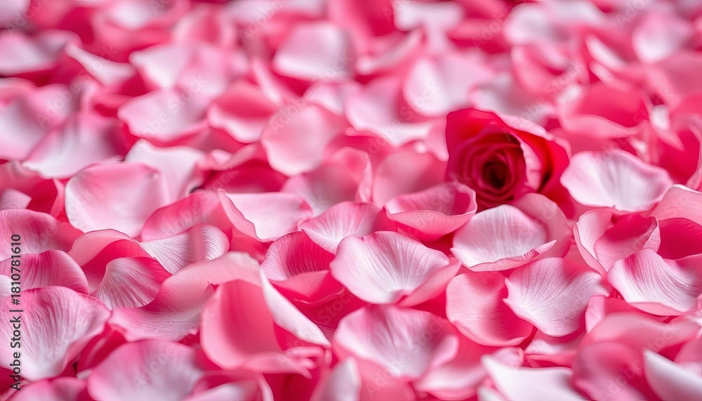 Fototapeta premium Softly scattered rose petals, various shades of pink and red, creating a romantic backdrop, red, nature