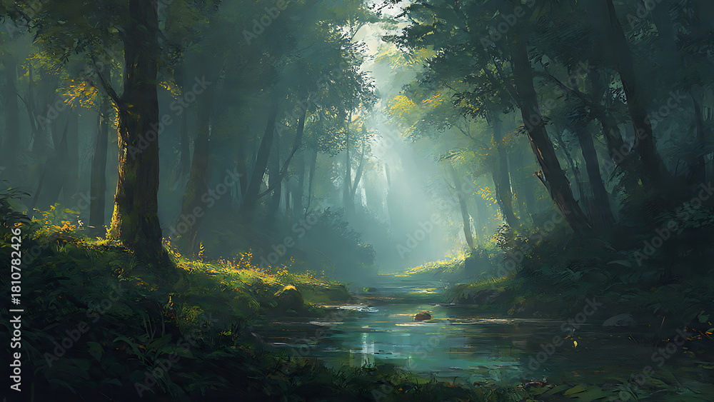 Obraz premium Sunlit Forest Stream in Enchanted Woodland with Misty Atmosphere