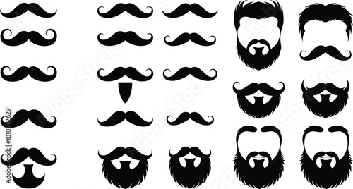 Collection of black mustache and beard silhouettes. Vector graphic design elements for barbershop, hipster style, and male grooming concepts.