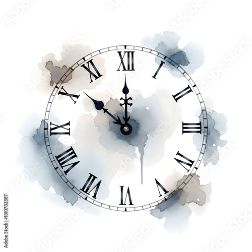 Watercolor clock face with Roman numerals showing 10:59.