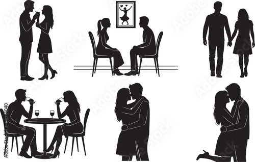 Set of Romantic Dating Couples Silhouettes Engaging in Various Activities Like Dinner, Standing, and Kissing, Representing Love, Intimacy, Relationships, and Leisure Time Concepts on White.