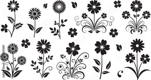 Elegant vector black floral silhouettes set, featuring diverse stylized flowers, leaves, and swirls, perfect for decorative designs, scrapbooking, engraving, and cutting projects.