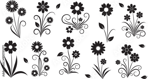 Elegant vector black floral silhouettes set, featuring diverse stylized flowers, leaves, and swirls, perfect for decorative designs, scrapbooking, engraving, and cutting projects.