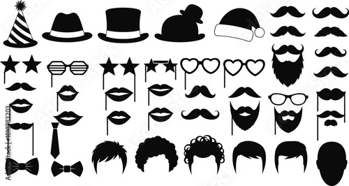 Collection of party photo booth props silhouette, vector set of hats, glasses, mustaches, and lips for wedding celebration.