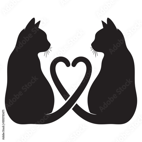 Two black cats in love silhouette with tails intertwined forming a heart shape vector illustration.