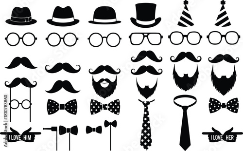 Collection of vector photo booth props, featuring mustaches, hats, glasses, and bow ties for a fun party or wedding celebration.