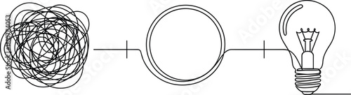 Confusion to Clarity, Tangled Mess to Idea Lightbulb, Showing Innovation, Solution, and Thinking Concept Transformation.