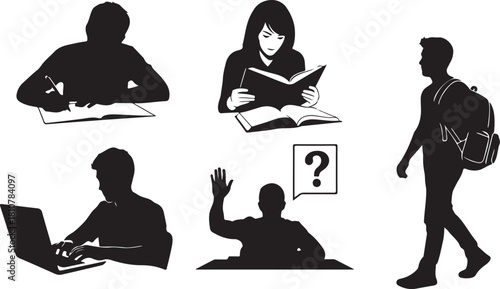 Students Studying Silhouette Set: Reading, Writing, and Laptop Use

Education Vector Silhouettes: People Learning and Doing Homework

Group of Students Reading Books and Using Computer Silhouettes