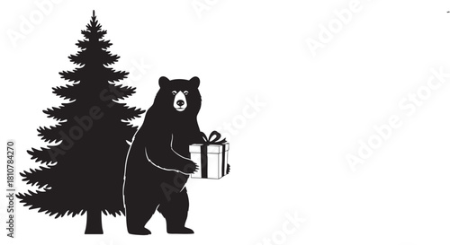 Silhouette of a black bear holding a Christmas gift box next to a pine tree. Vector illustration.