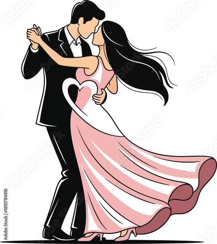 Romantic Dancing Couple Illustration: Ballroom Waltz and Wedding

Elegant Couple Dancing: Man in Suit and Woman in Pink Dress

Wedding Dance Vector: Bride and Groom Romantic Moment
