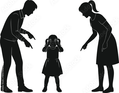 Family conflict silhouette. Parents scolding their sad daughter. Father and mother pointing at the upset, crying child. Vector illustration.