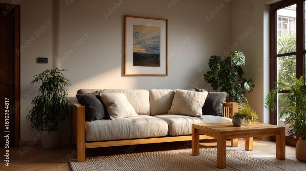 Fototapeta premium Minimal Modern Living Room with Wooden Frame Mockup