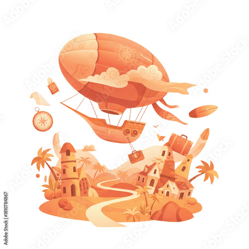 Hot air balloon or dirigible airship flying in the sky as a transportation vector icon illustration