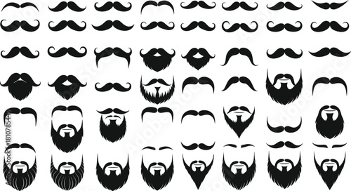 Large set of black mustache and beard silhouettes. Vector icons for barbershop, male grooming, and hipster fashion design elements.