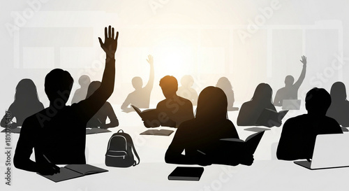 Students in Classroom Silhouette: Raising Hand to Answer

Education Vector: Silhouette of Class Listening to Teacher

University Lecture Hall: Students Studying and Participating