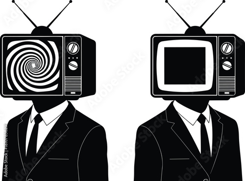 Man in a suit with a retro TV head. Hypnotic spiral and blank screen symbolize media, propaganda, and brainwashing. Vector.