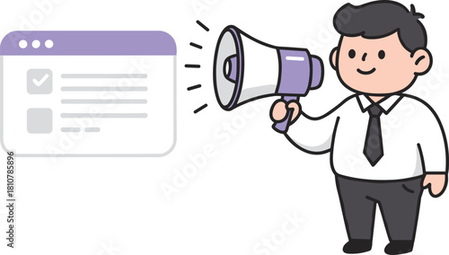 Cute business man holding megaphone announcing message illustration, marketing communication concept, online notification alert and digital promotion cartoon design